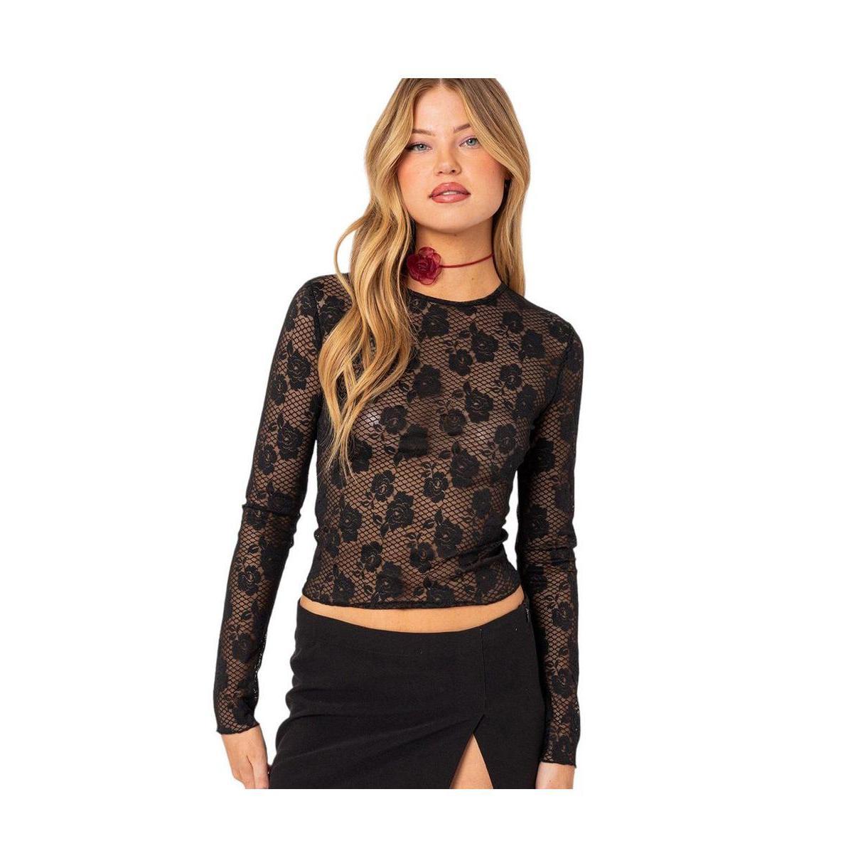 EDIKTED Rose Embroidery Long Sleeve Fishnet Top Product Image