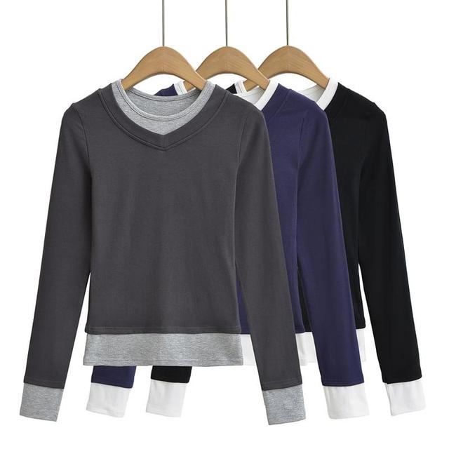 Long Sleeve Crew Neck Mock Two Piece Crop Tee Product Image