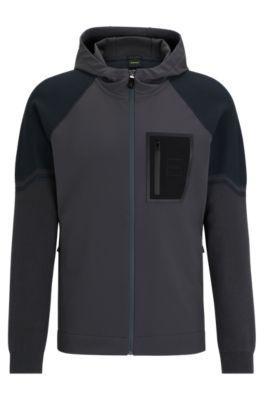 HUGO BOSS Mixed-material Hooded Jacket With Signature Pocket In Dark Grey Product Image