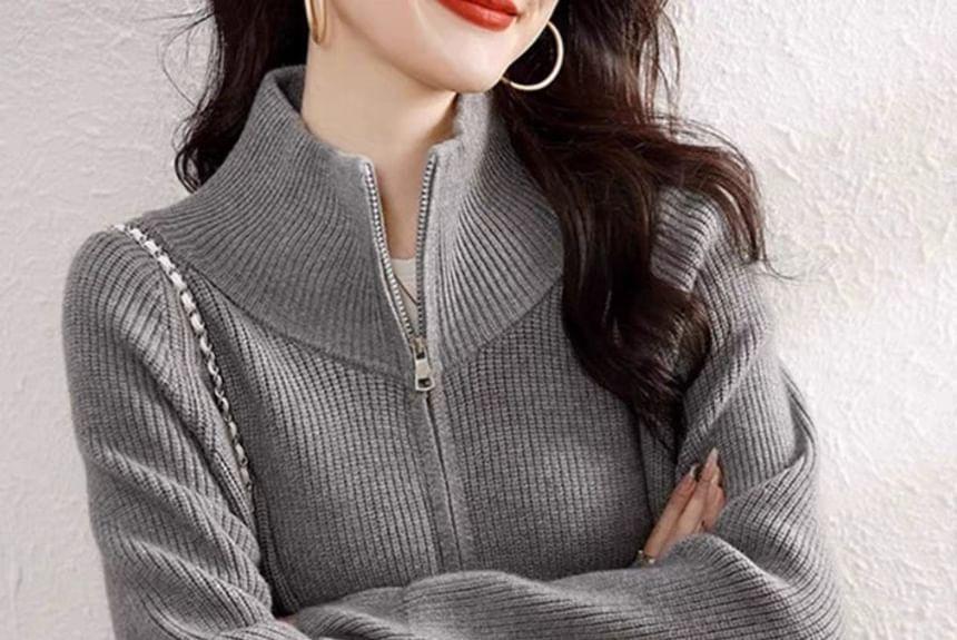 Plain Ribbed Zip Cardigan Product Image