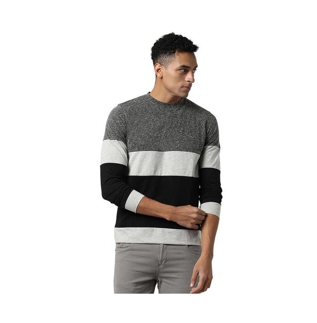 Campus Sutra Mens Black & Grey Heathered Horizontal Striped T-Shirt Product Image