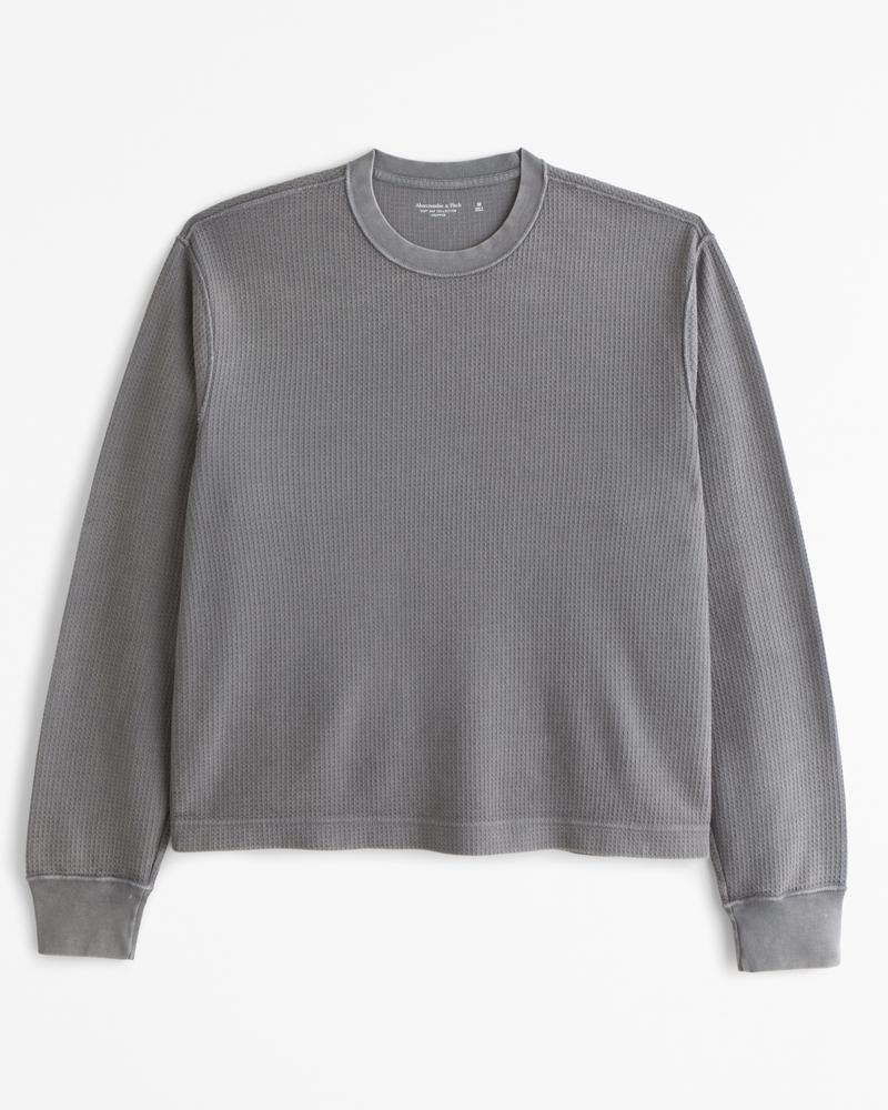 Long-Sleeve Grid Waffle Cropped Tee Product Image