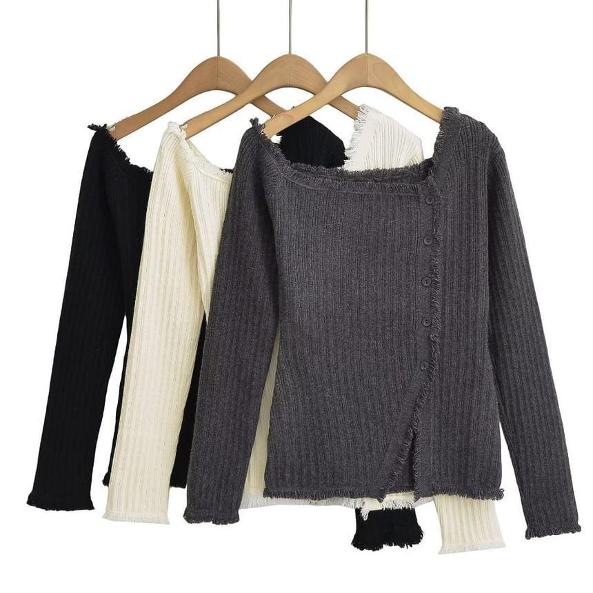 Long-Sleeve Off-Shoulder Plain Asymmetrical Frayed Button-Up Knit Top Product Image