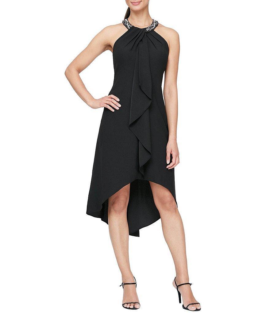 Ignite Evenings Beaded Halter Neck Satin Back Crepe High-Low Ruffle Front Sleeveless Dress Product Image