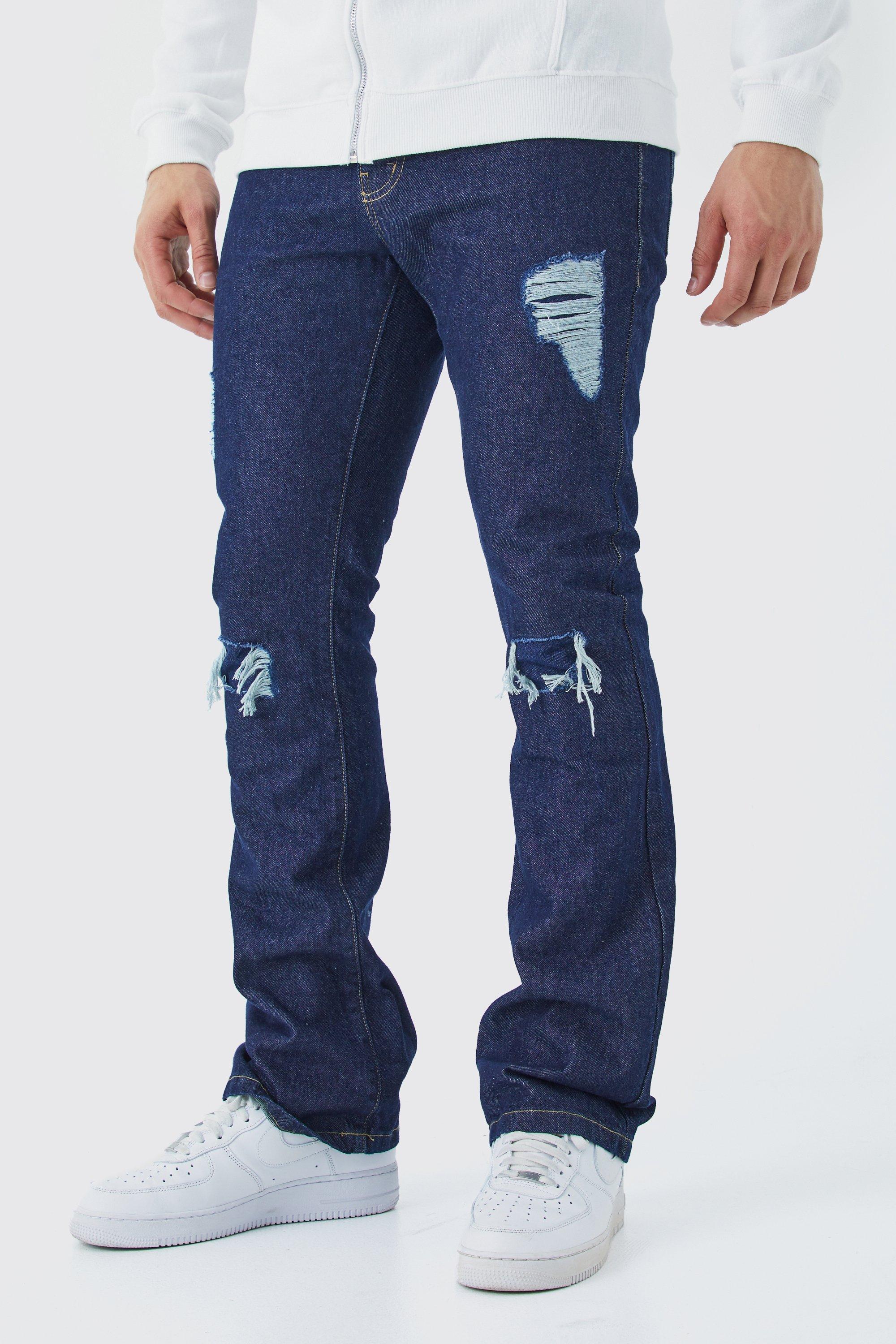 Mens Blue Slim Flare Rip And Repair Jeans, Blue Product Image