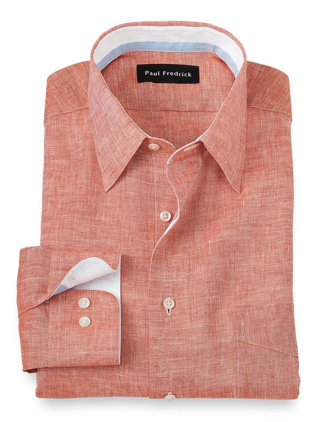 Non-Iron Linen Solid Dress Shirt With Contrast Trim - Coral Product Image