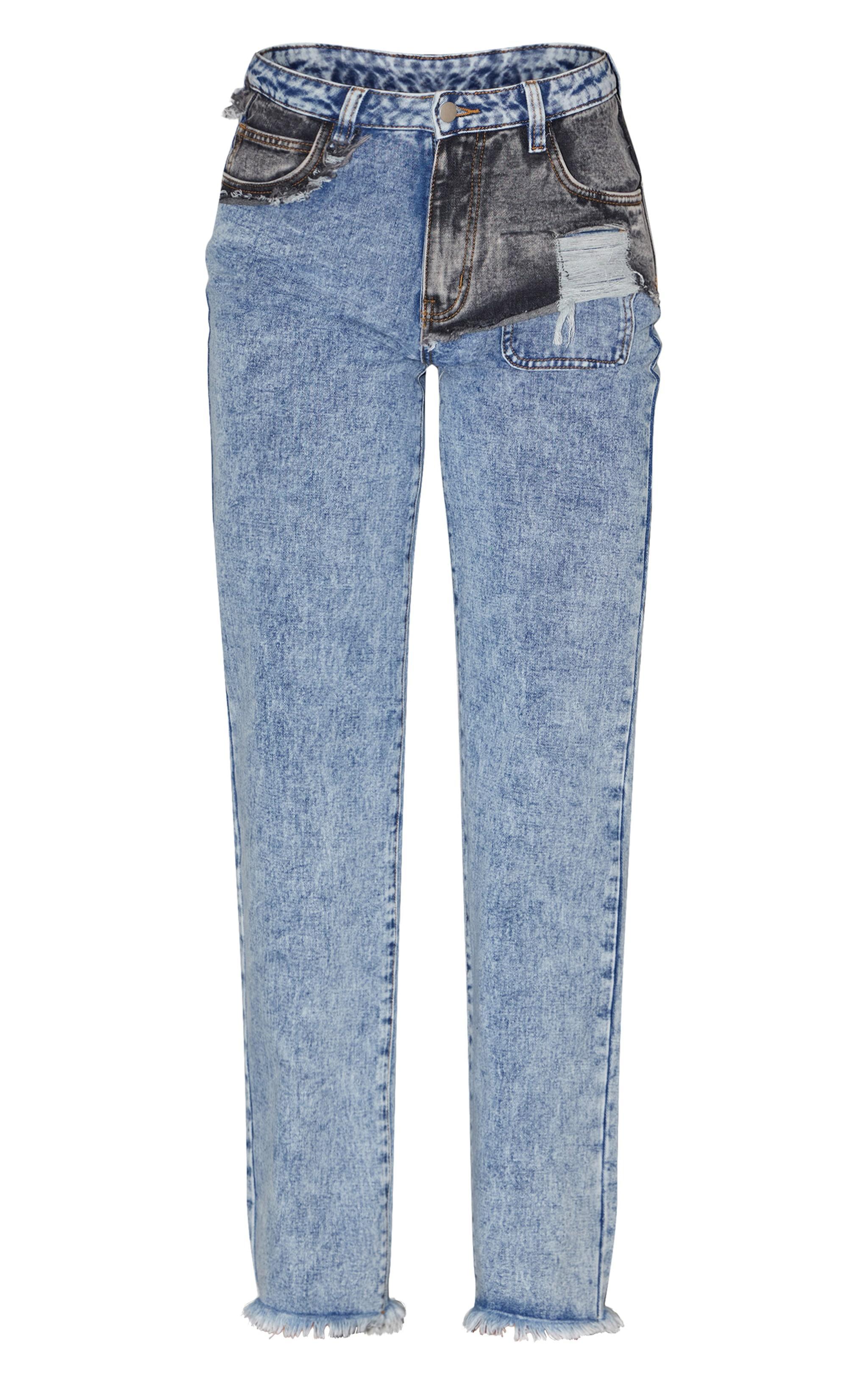 Mid Blue Acid Wash Layered Raw Hem Straight Leg Jeans Product Image