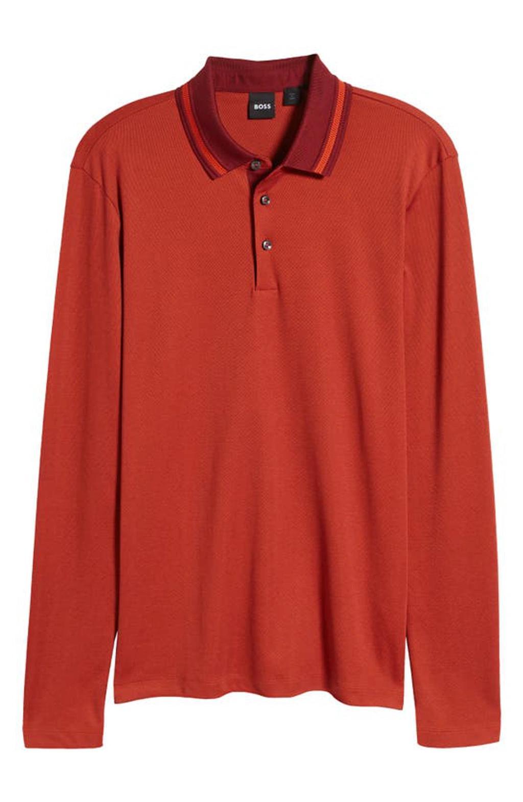 Slim-fit Long-sleeved Polo Shirt With Woven Pattern In Dark Red Product Image