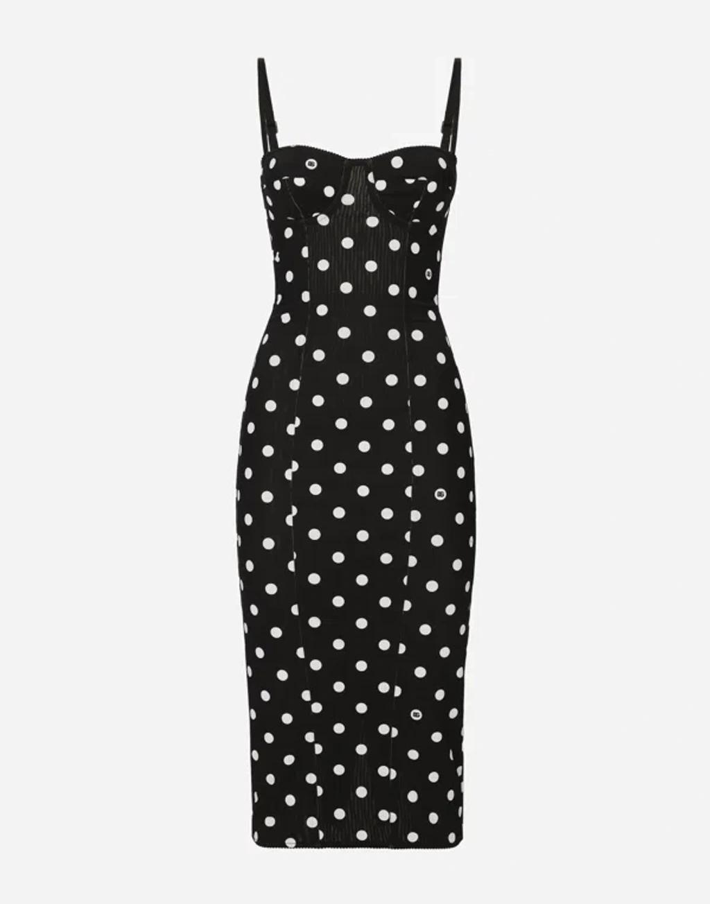 DOLCE & GABBANA Marquisette Sheath Dress With Polka-dot Print And Corset Details In Nero Product Image