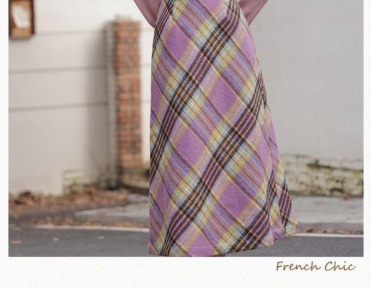 Set: Ribbon Neck Plain Sweater + High Waist Plaid Maxi A-Line Skirt Product Image