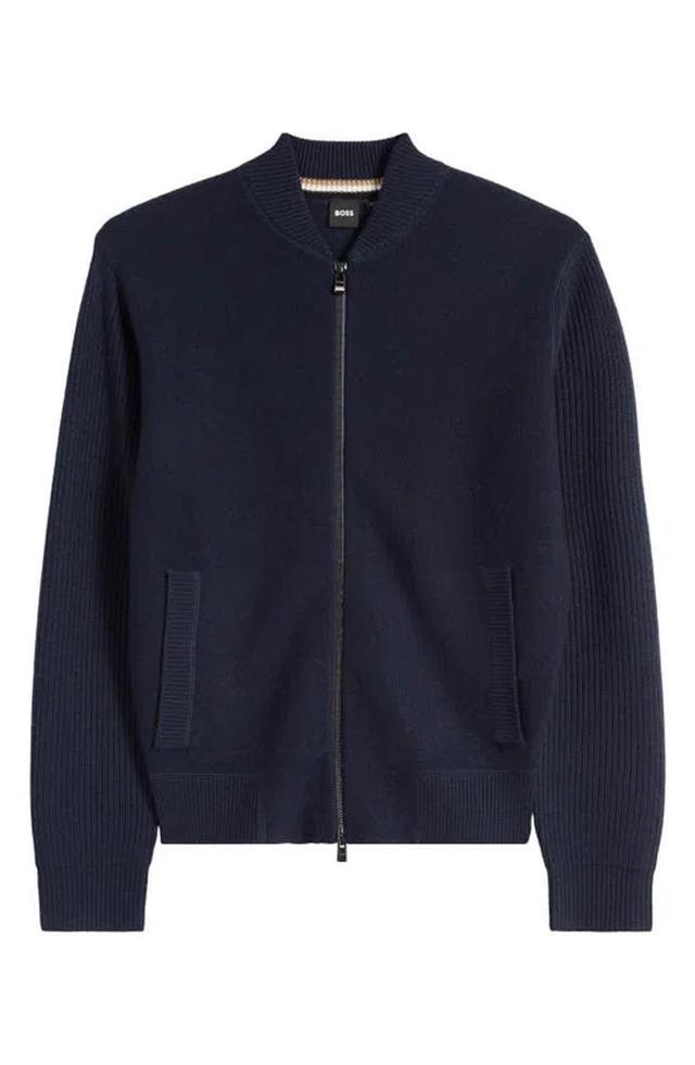 HUGO BOSS Meraviglio Zip Wool Cardigan In Dark Blue Product Image