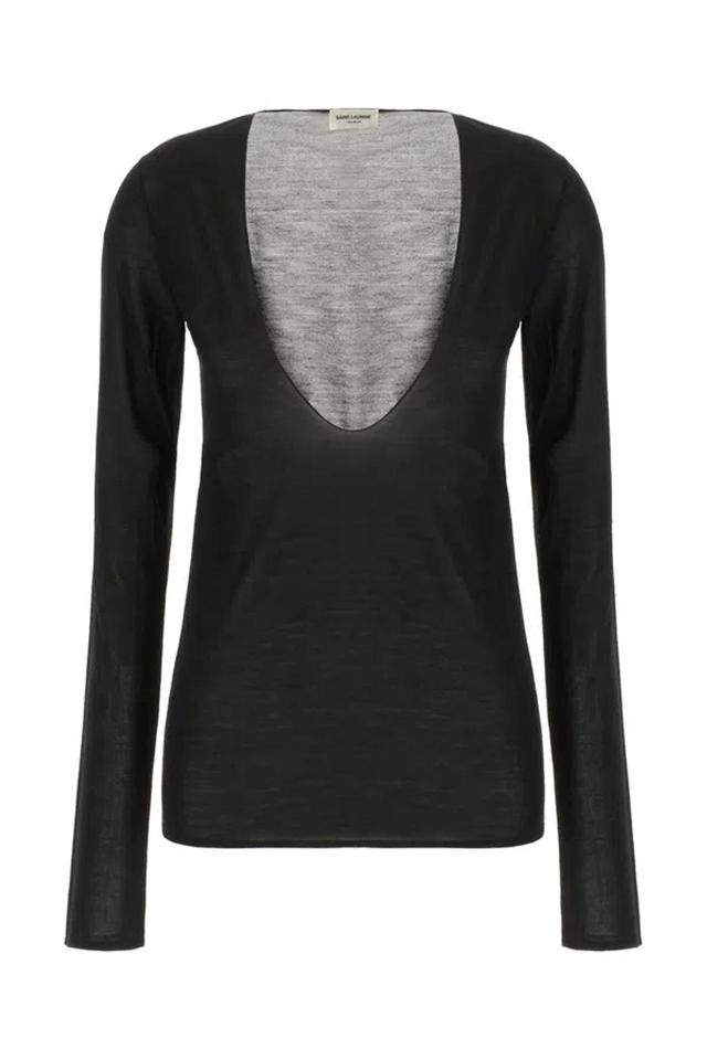 SAINT LAURENT Sheer Silk V-neck Knit With Textured Sleeves In Black Product Image