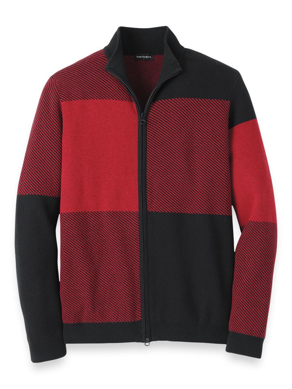 Cotton Full Zip Mock Neck Sweater - Red/black Product Image