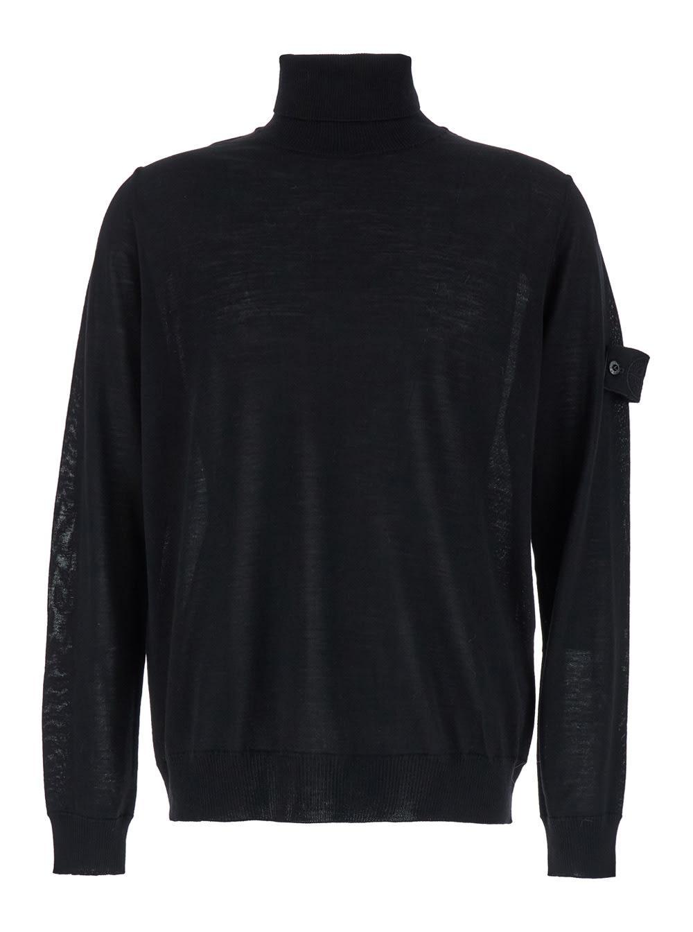 STONE ISLAND Black Sweater With High Neck And Patch Logo On The Sleeve In Wool Man Product Image