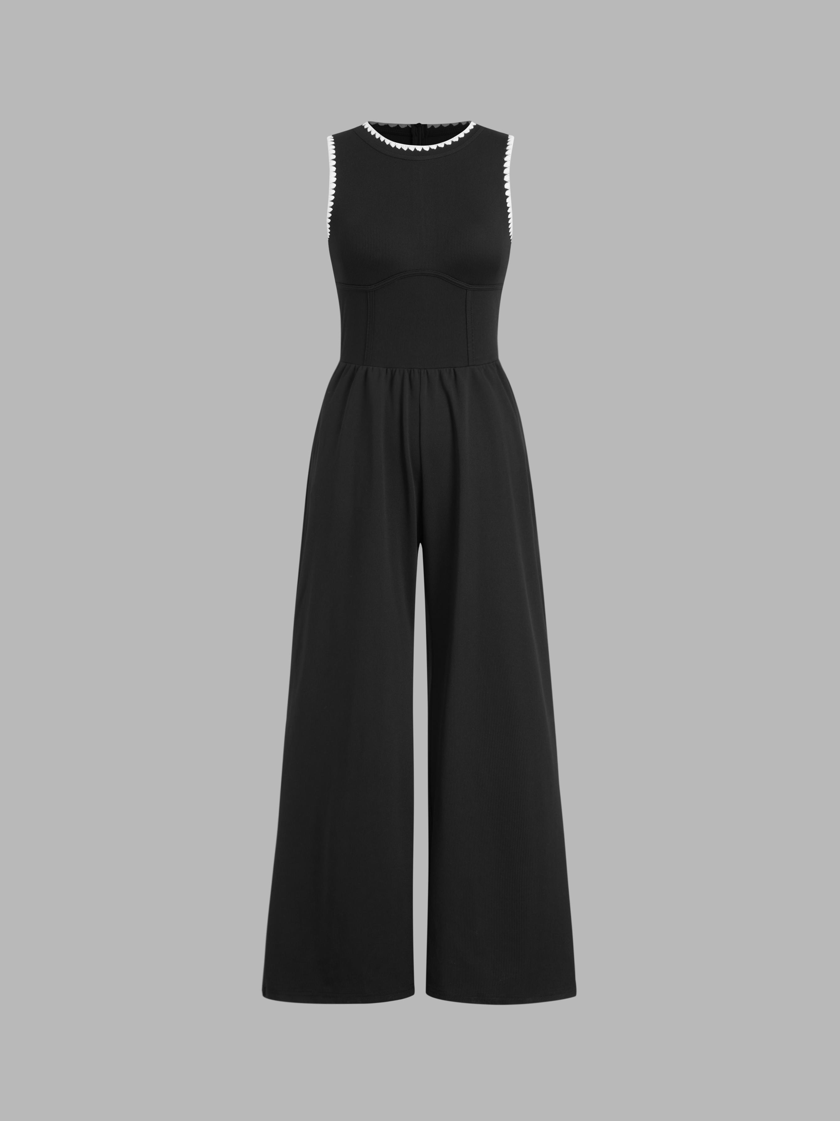 Jersey Round Neckline Solid Contrasting Binding Wide Leg Jumpsuit Product Image