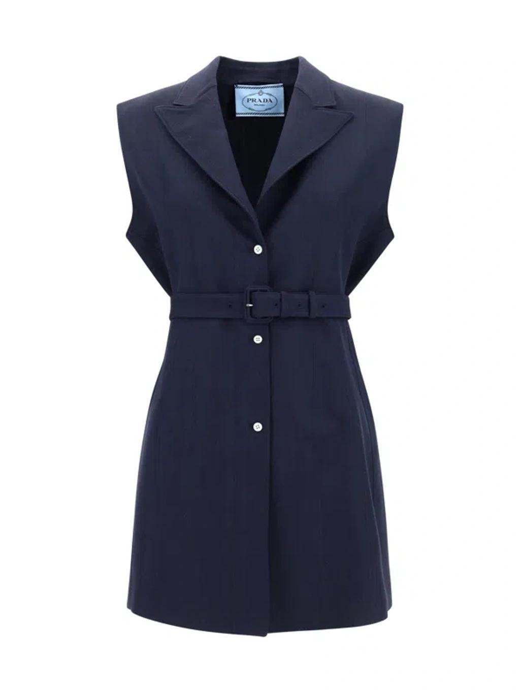 Wool Vest With Belted Waist And Notched Lapels In Blue Product Image