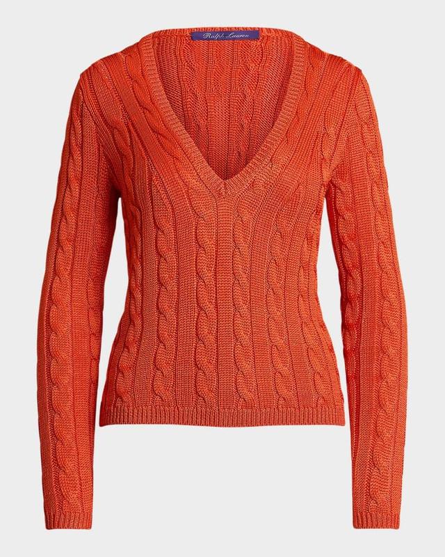 V-Neck High Shine Silk Cable Knit Sweater Product Image