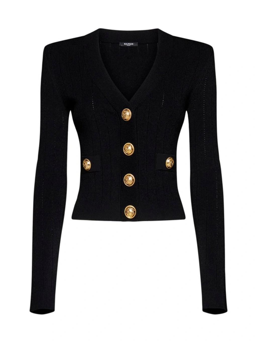 Button Embellished Ribbed Cardigan In Black Product Image