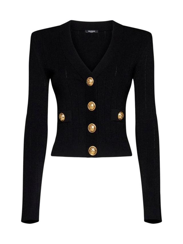 Button Embellished Ribbed Cardigan In Black Product Image