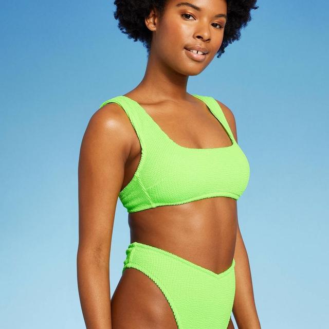 Womens Pucker Square Neck Wide Strap Bralette Bikini Top - Wild Fable Bright Green L Product Image