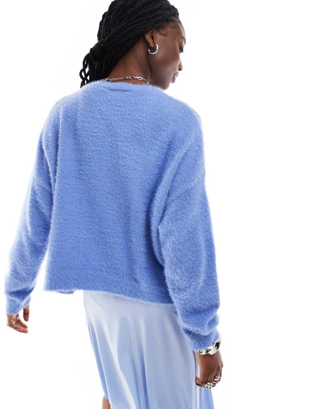 Daisy Street blue fluffy eyelash knit boxy crew neck cardigan Product Image