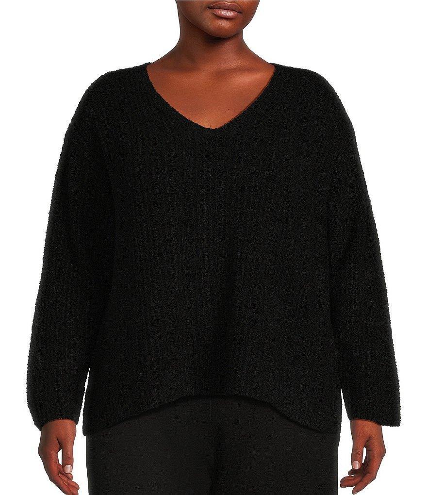 Eileen Fisher Plus Size Organic Cotton Fluff V-Neck Long Sleeve Boxy Sweater Product Image