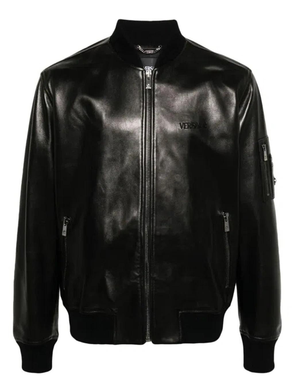 Men's Leather Bomber Jacket In Black Product Image