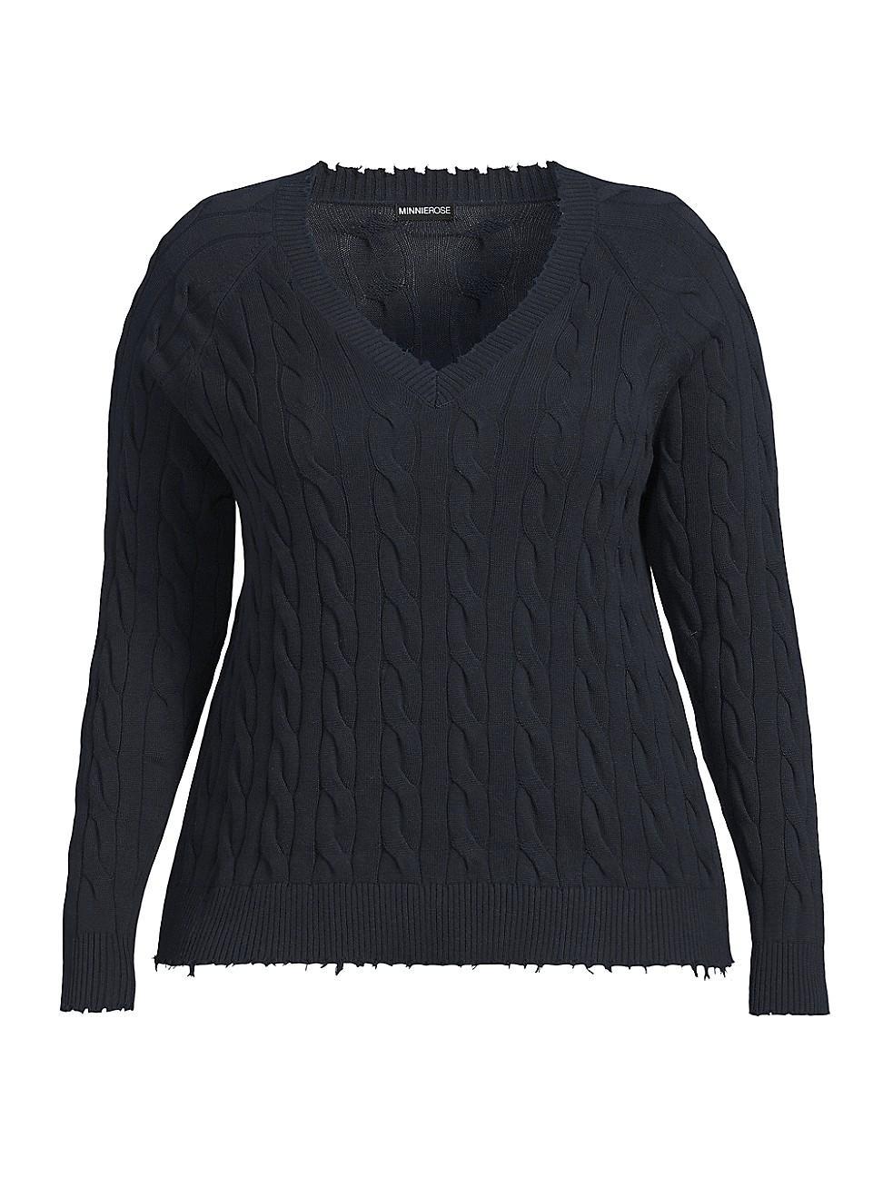 Womens Frayed Cable-Knit V-Neck Sweater Product Image