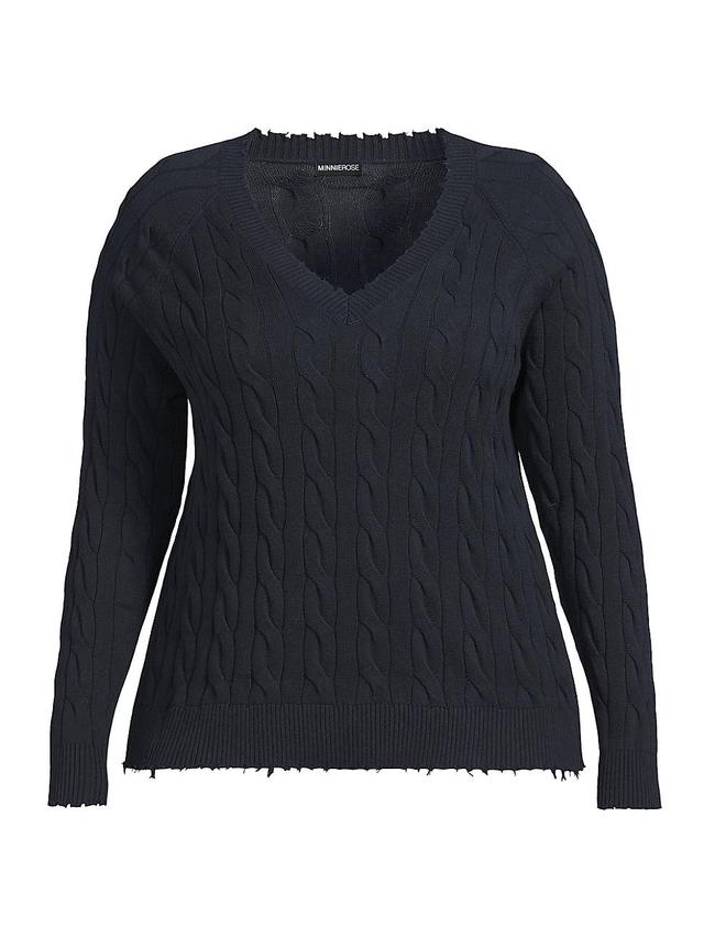 Womens Frayed Cable-Knit V-Neck Sweater Product Image