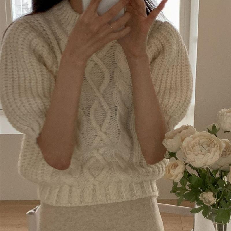 Short-Sleeve Round Neck Plain Cable Knit Top Product Image