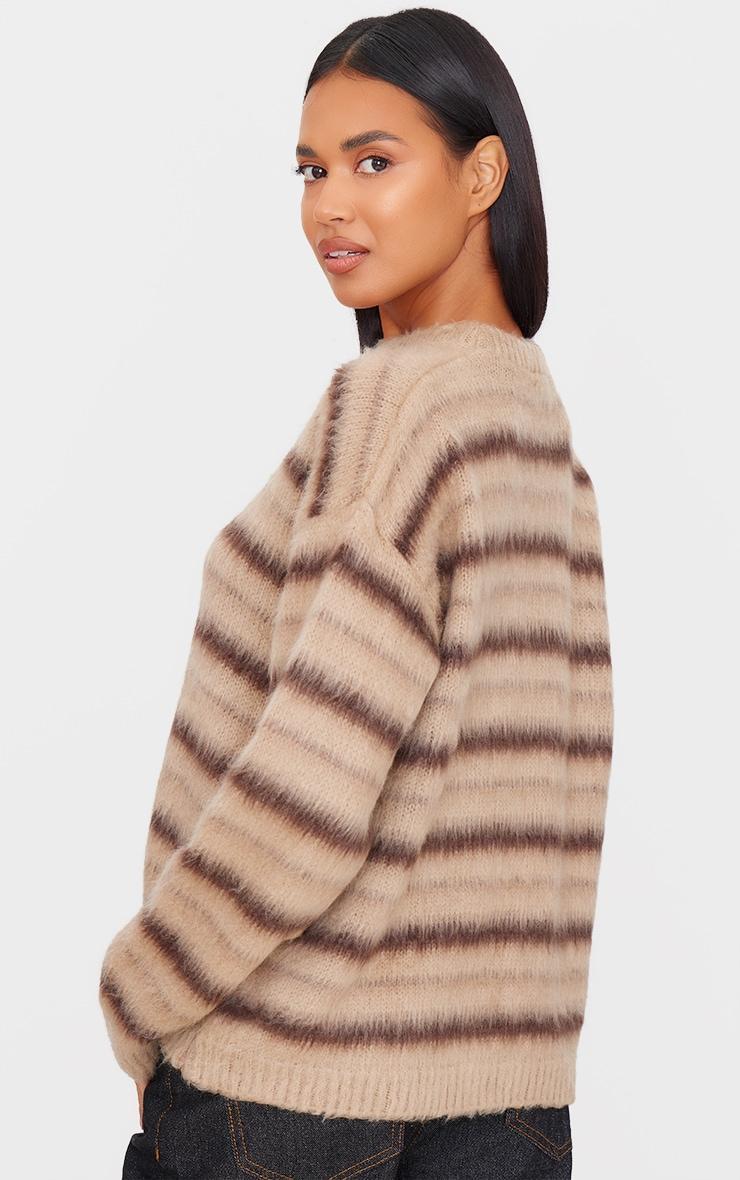 Brown Stripe Fluffy Knit Oversized Sweater Product Image