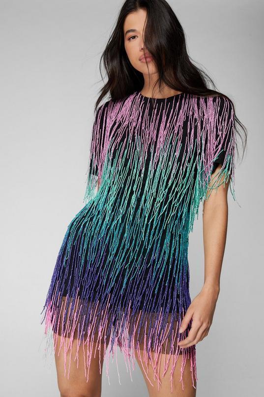 Rainbow Tassel Beaded Shift Dress Product Image