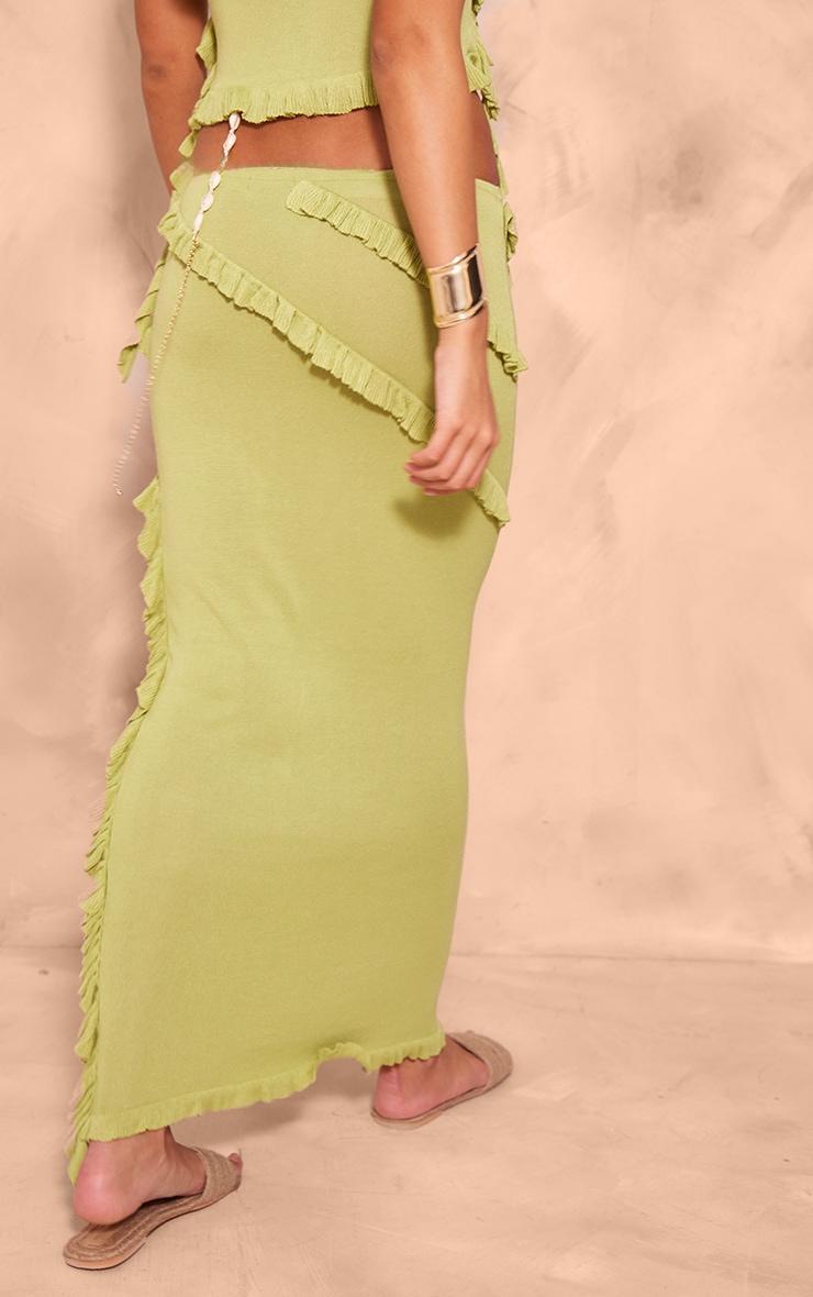 Dark Olive Rib Knit Frill Detail Maxi Skirt Product Image