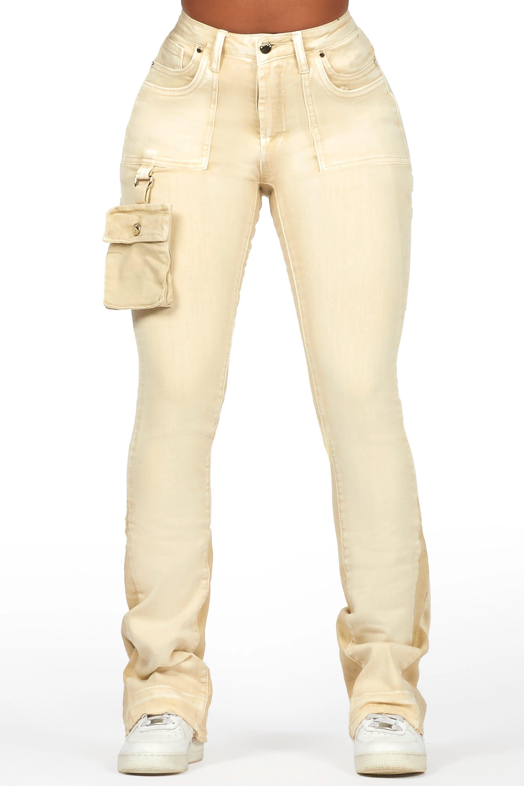 Galexus Beige Stacked Flare Jean Female Product Image