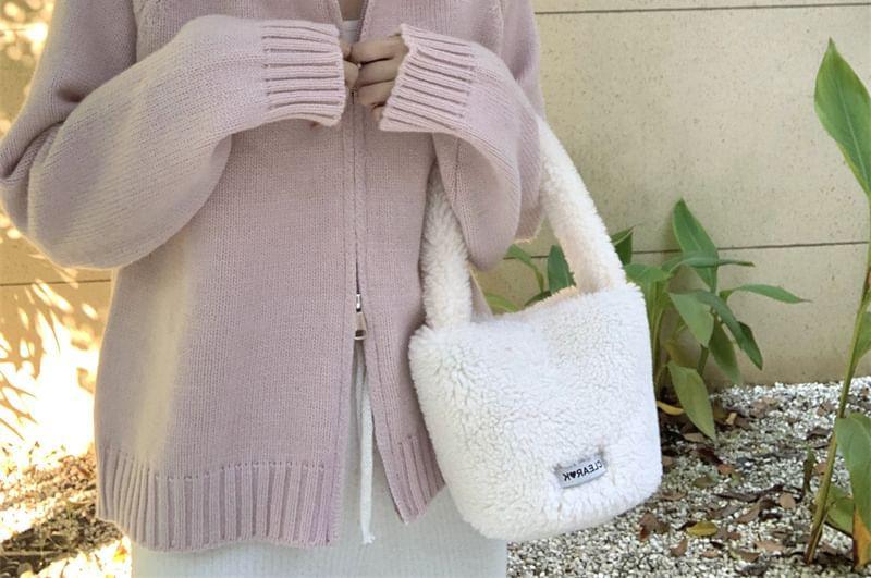 Fluffy Hooded Plain Zip Up Cardigan Product Image