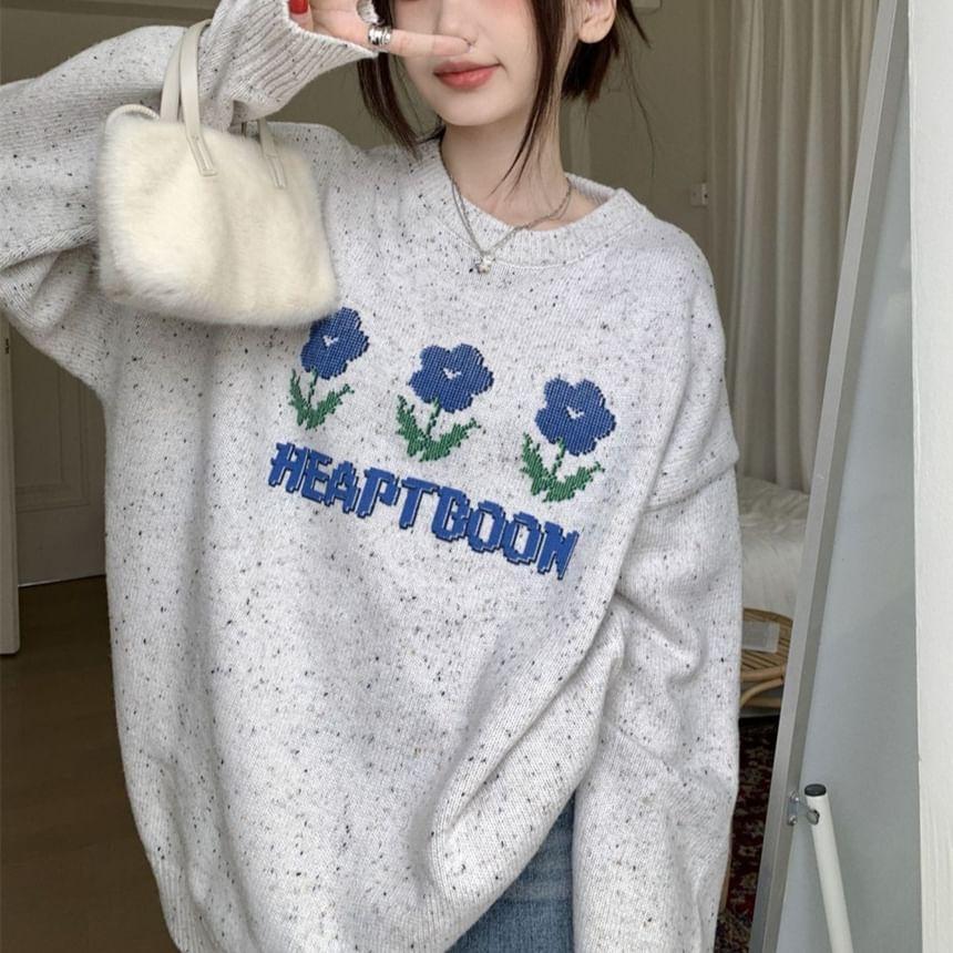 Round Neck Floral Patterned Melange Sweater Product Image