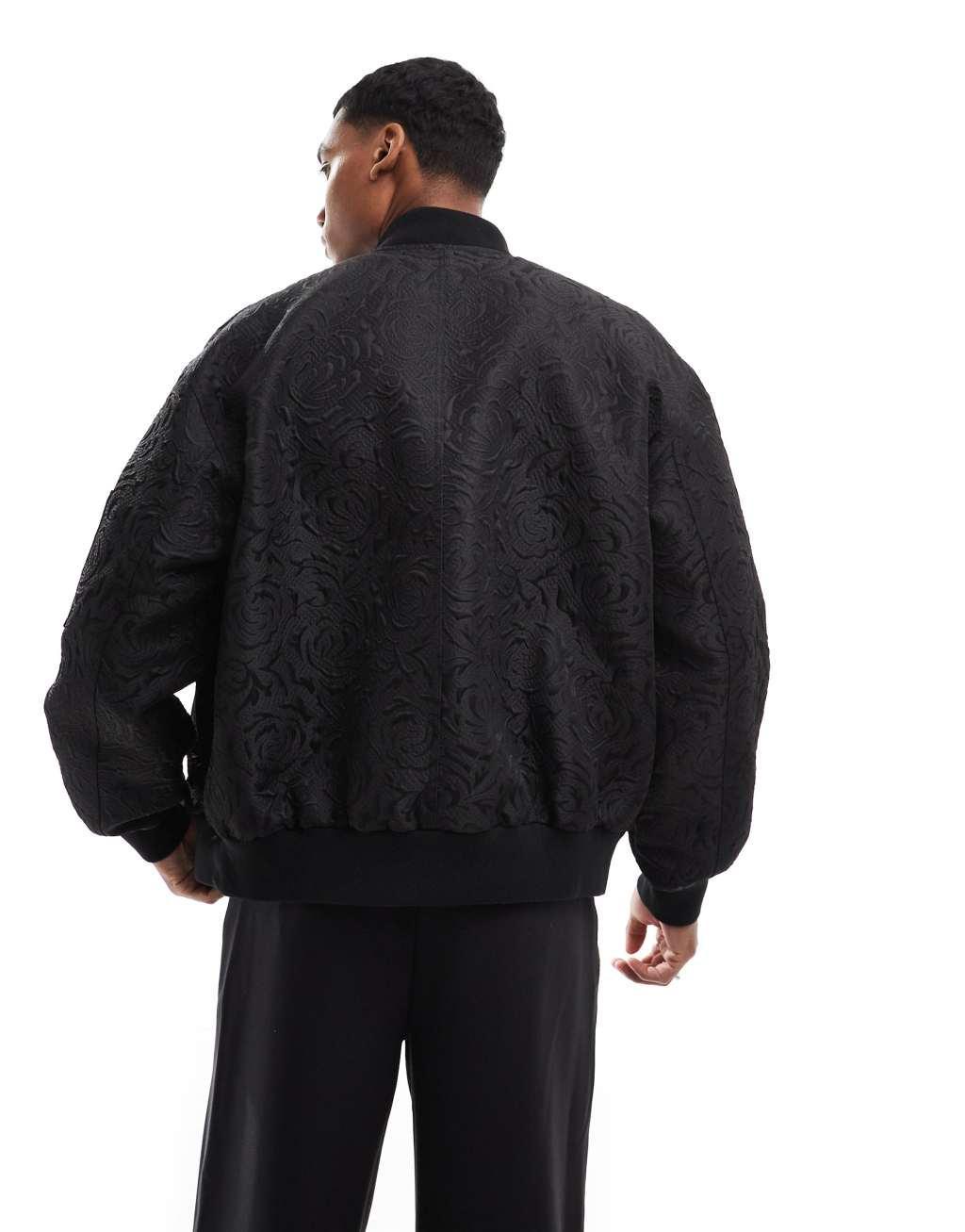 ASOS DESIGN oversized jacquard bomber jacket in black Product Image