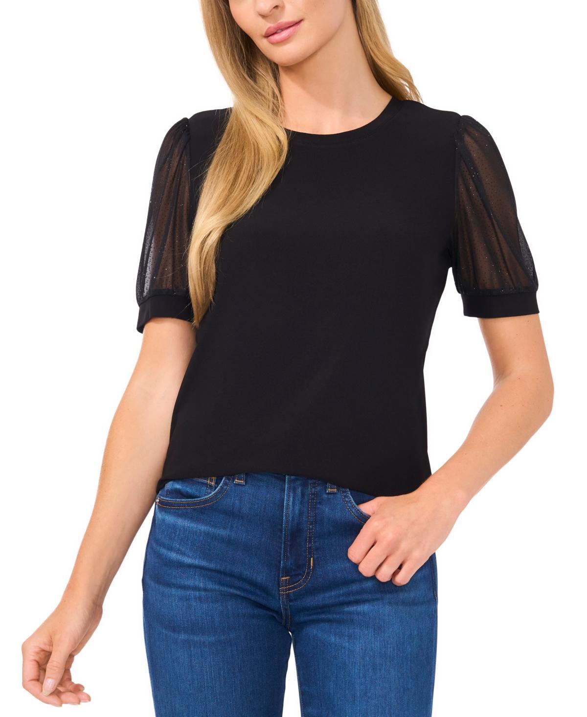 CeCe Womens Mixed-Media Short Sleeve Knit Top Product Image