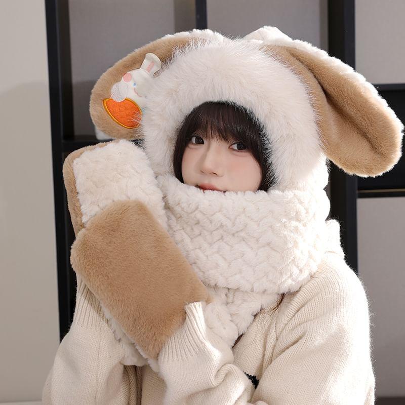 Rabbit Faux Fur Hooded Scarf with Mittens Product Image