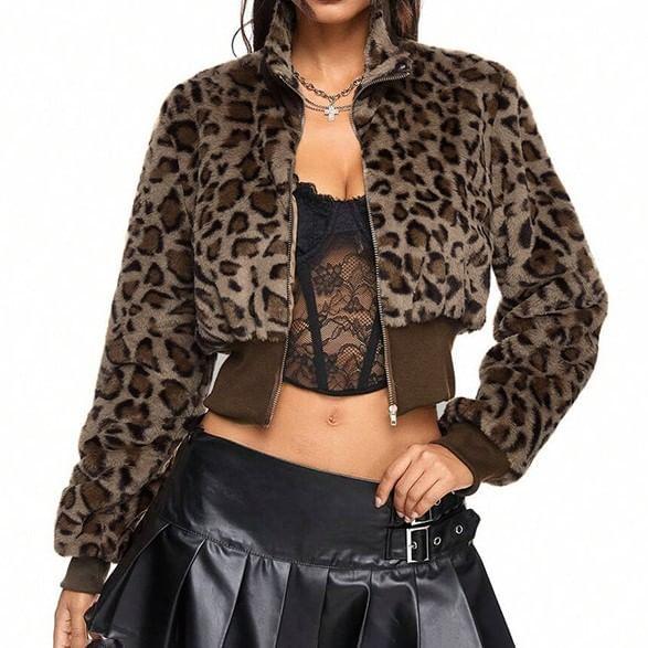 High Neck Leopard Print Zip-Up Crop Jacket Product Image