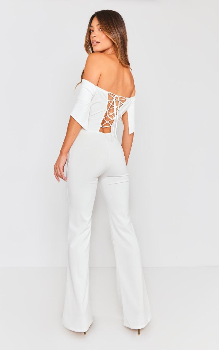 Off White Off Shoulder Lace Up Back Jumpsuit Product Image