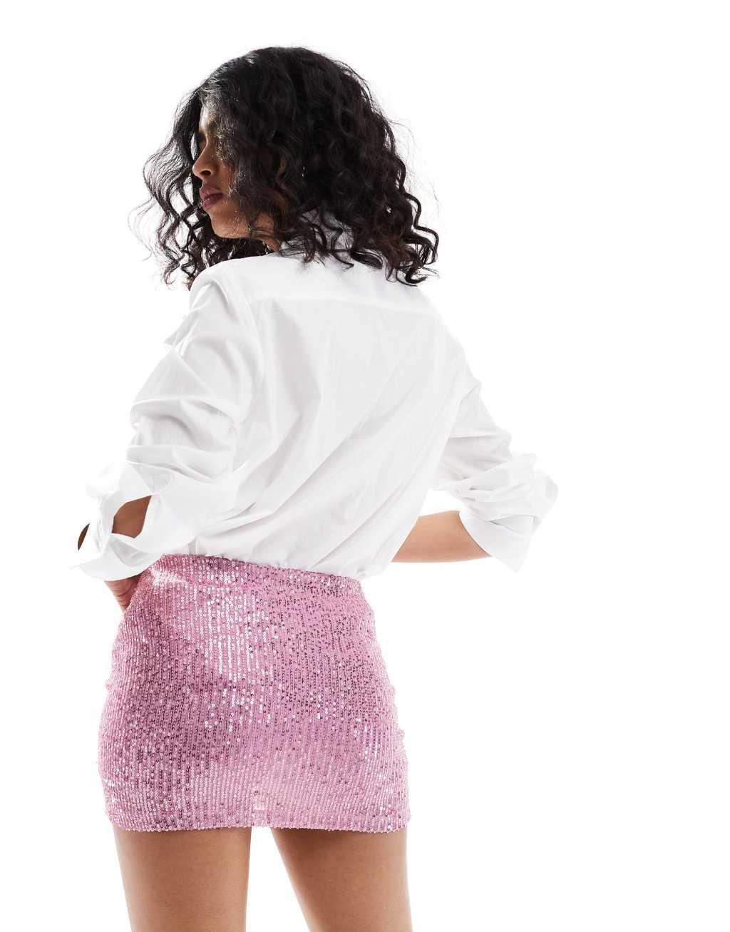 Bershka sequin mini skirt in pink Product Image