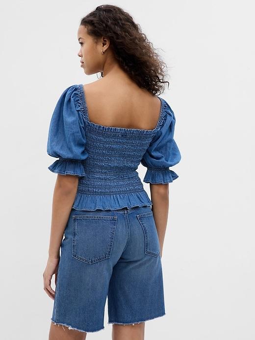 Puff Sleeve Denim Smocked Peplum Top Product Image