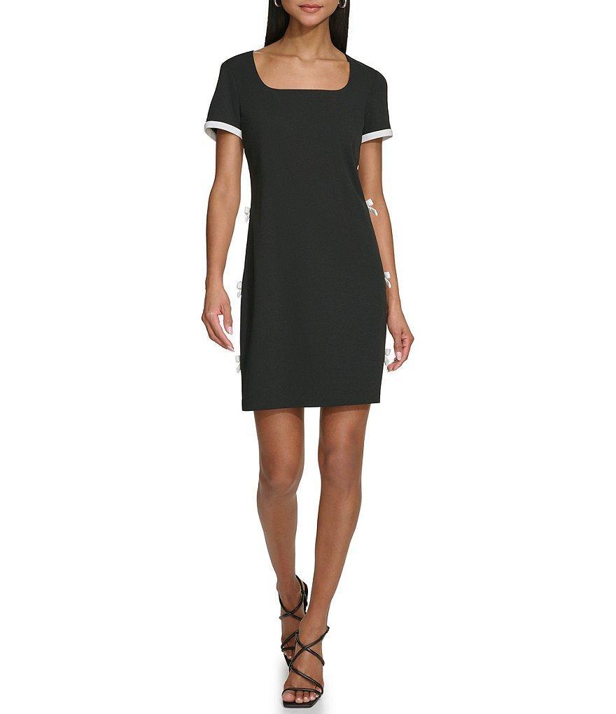 KARL LAGERFELD PARIS Stretch Crepe Square Neck Short Sleeve Side Bow Sheath Dress Product Image