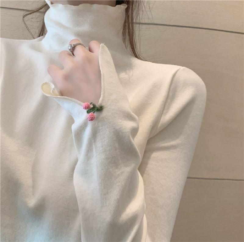 Long-Sleeve Turtleneck Cherry Accent Plain Top Product Image