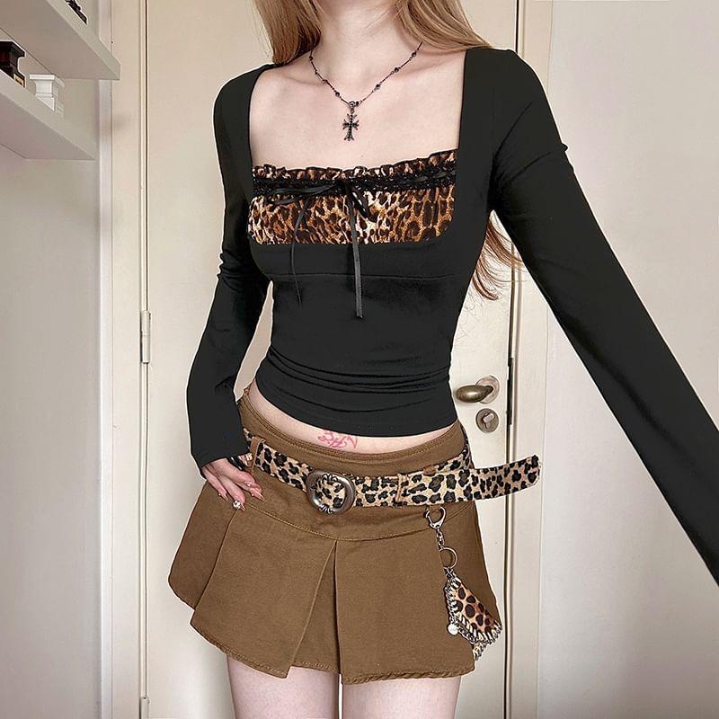 Long-Sleeve Square Neck Leopard Panel Crop Top Product Image