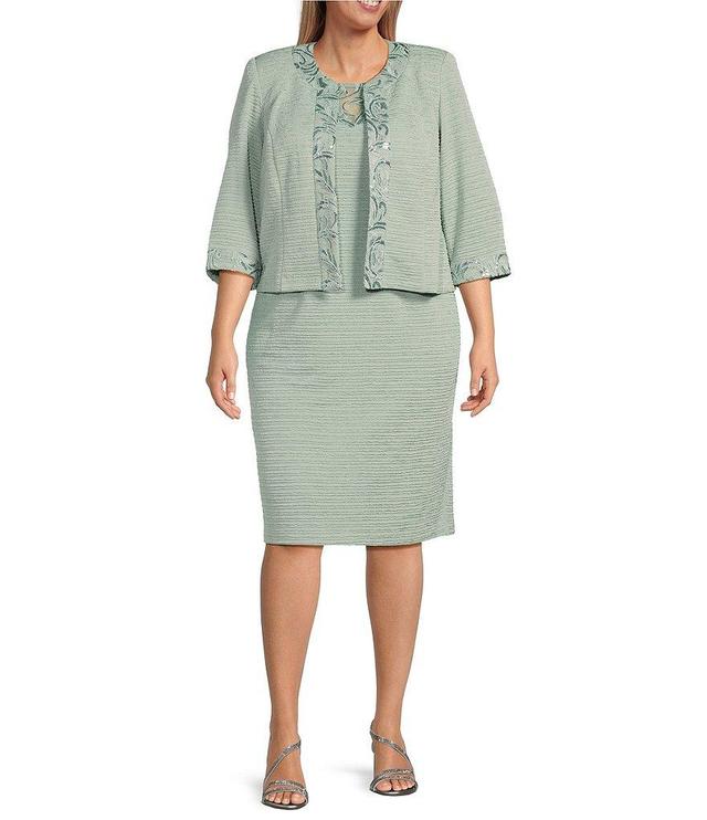 Le Bos Plus Size 3/4 Sleeve Round Neck Embroidered Mesh Trim Textured 2-Piece Jacket Dress Product Image