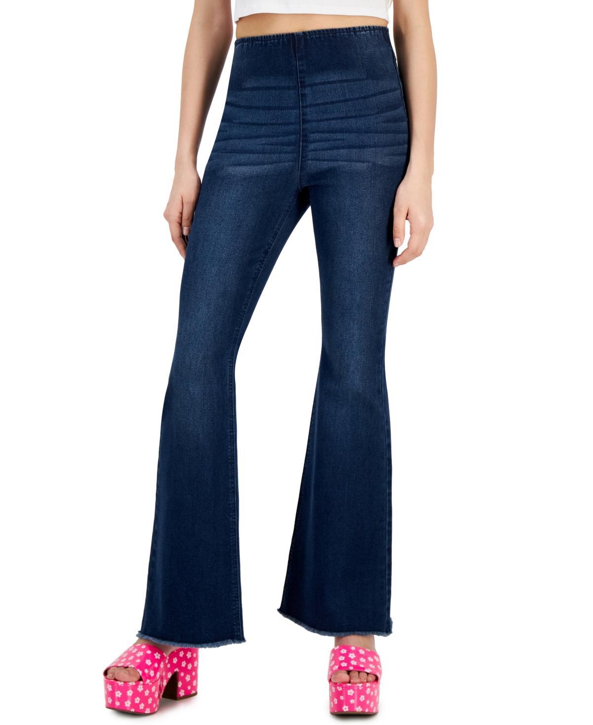 Tinseltown Womens Pull-On Frayed-Hem Flare-Leg Denim Jeans Product Image