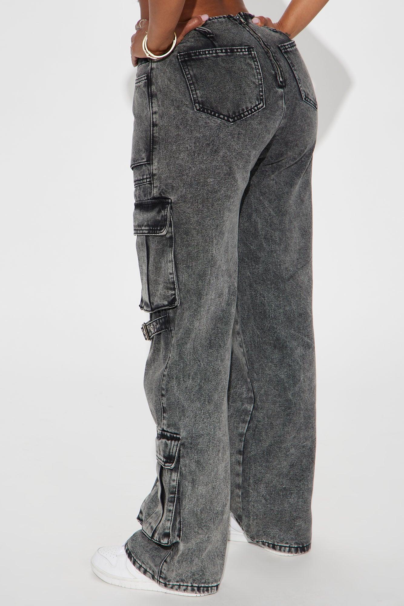 No Assumptions Acid Wash Fold Over Cargo Jeans - Acid Wash Black Product Image