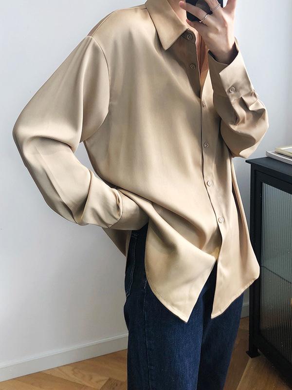 Simple Solid Color Satin Chiffon Long Sleeve Blouse Product Image